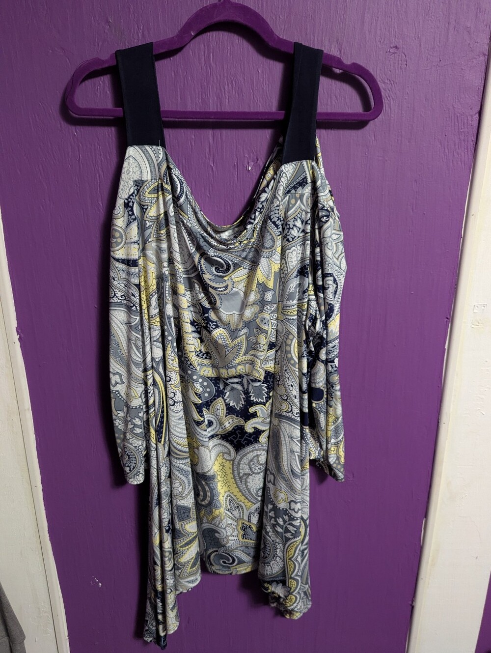 💜 Avenue Navy Grey Paisley Floral Cold Shoulder 3/4 Sleeve Top 30 32 5X 6X